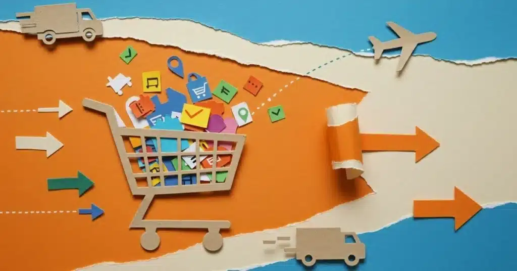 Paper-cut style illustration of a shopping cart overflowing with digital icons, representing Shopify Product listings, shipping, and ecommerce workflows.