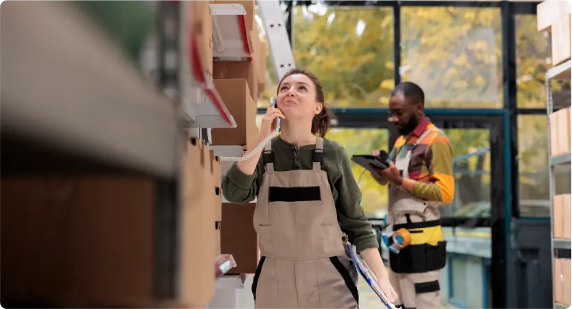 Woman checking out boxes that are being stored on shelves.