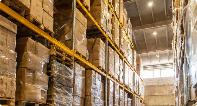 Boxes being stored on shelves.